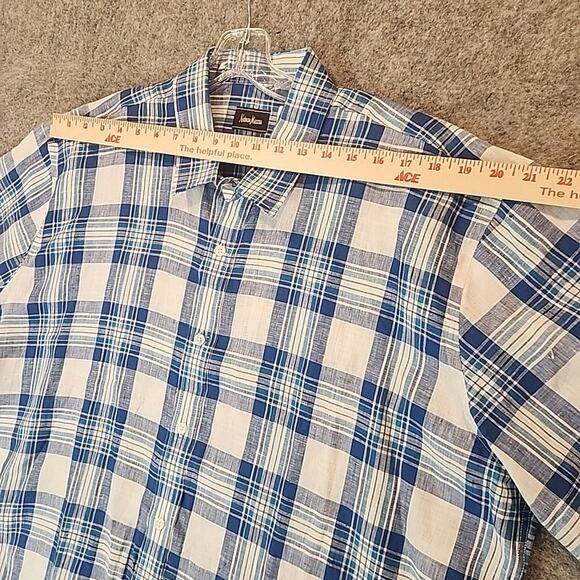 Neiman Marcus Men XXL Short Sleeve Linen Button Shirt Blue White Check - Picture 6 of 8